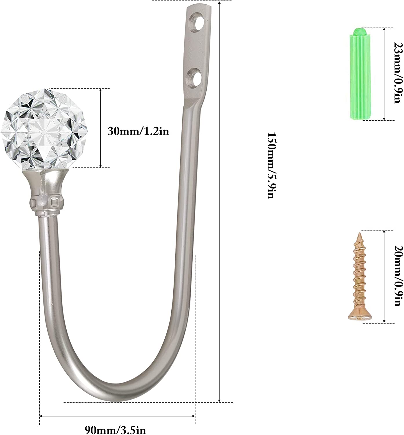 4Pcs Wall Mounted Drapery Tiebacks with Clear Crystal Ball, Heavy Duty Metal Decorative Window Drapery Curtain Holder Curtain Hooks with Screws, Sliver