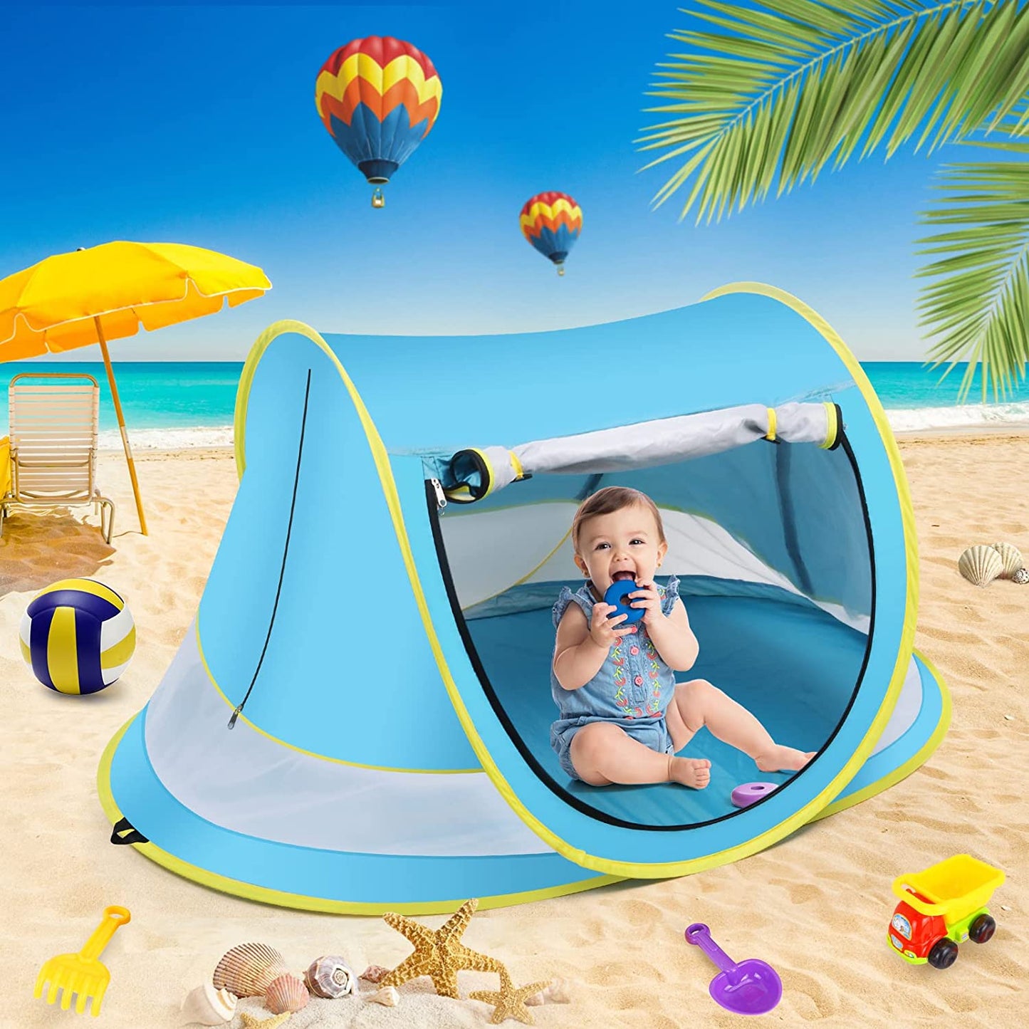 Large Pop Up Beach Tent Sun Shade for Beach,Portable Baby Travel Tent w/ Mosquito Net UPF 50+ UV Protection