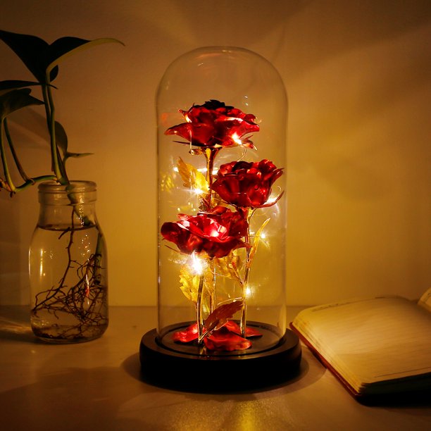 Rose Light Up Beauty & The Beast Rose Enchanted Rose in Glass Dome for Her, Red