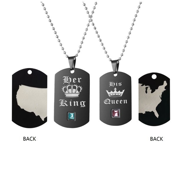 Cool American Map Double Side Pendant Necklace- Black Titanium His Queen Her King Couples Pairs Necklaces