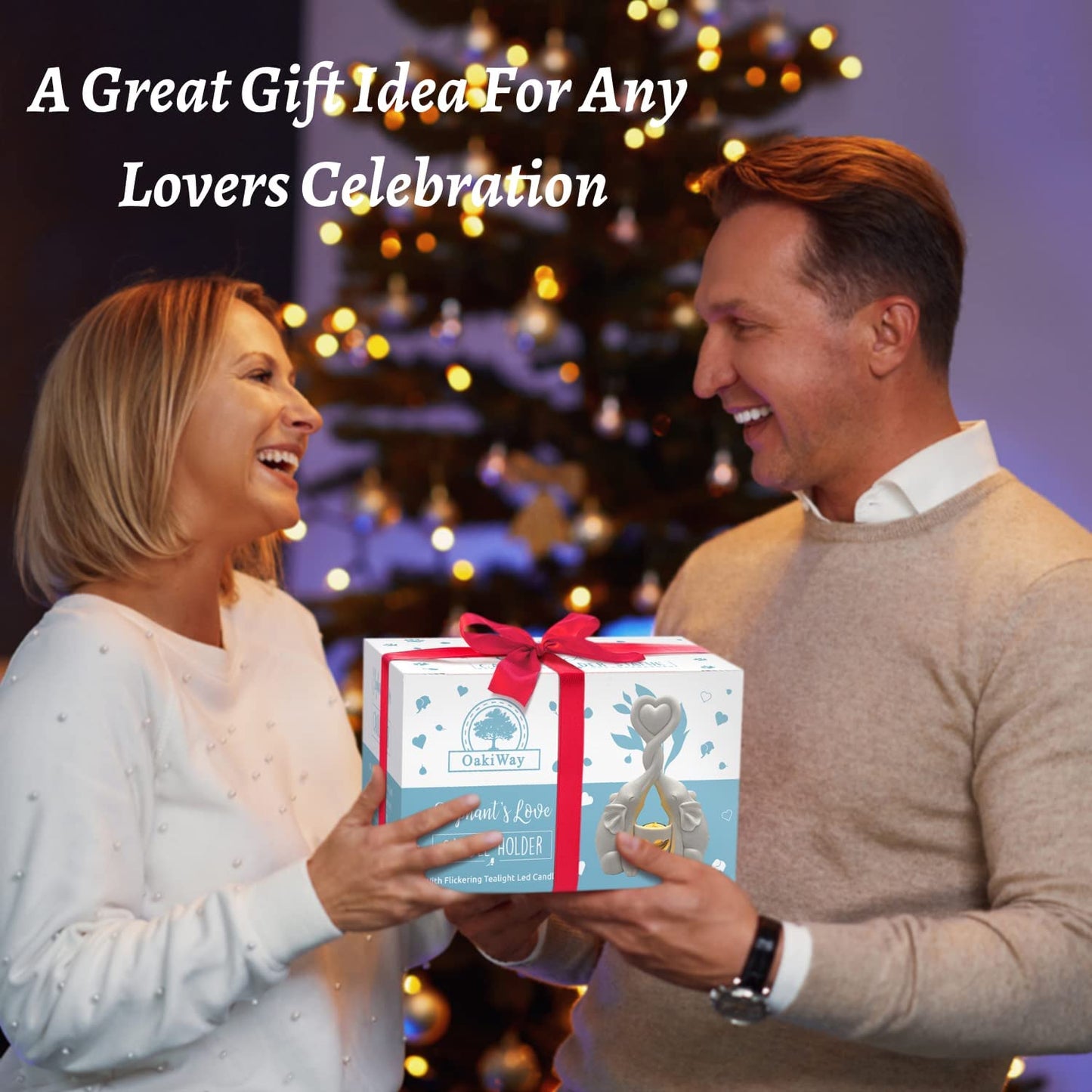 Anniversary & Valentines Day Gifts - Elephants Love Candle Holder Statue W/ Flickering LED