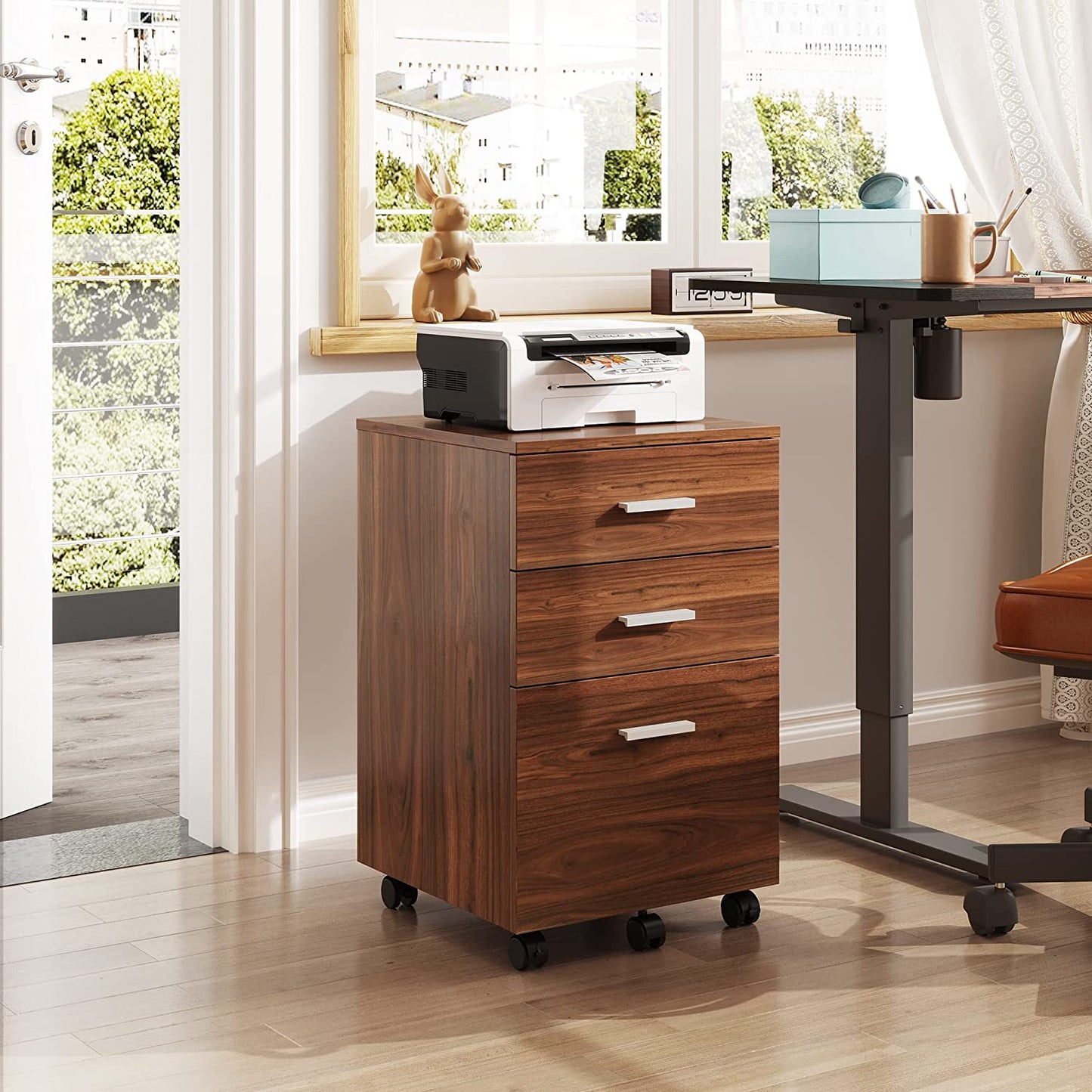 3 Drawer Wood Mobile File Cabinet, Rolling for Letter/A4 Size, Walnut