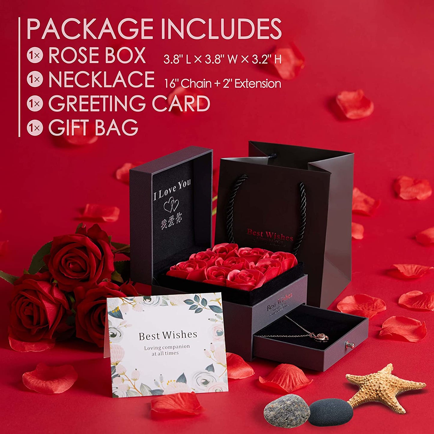 Preserved Rose w/ I Love You Necklace in 100 Languages Anniversary Gifts (A, Silver)