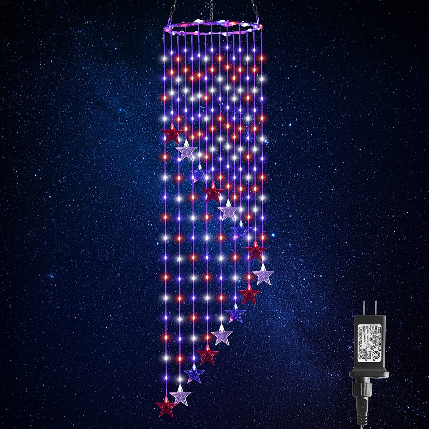 Star Wind Chime String Lights, 420 LED Waterproof Patriotic Ornaments (15 Sticks)