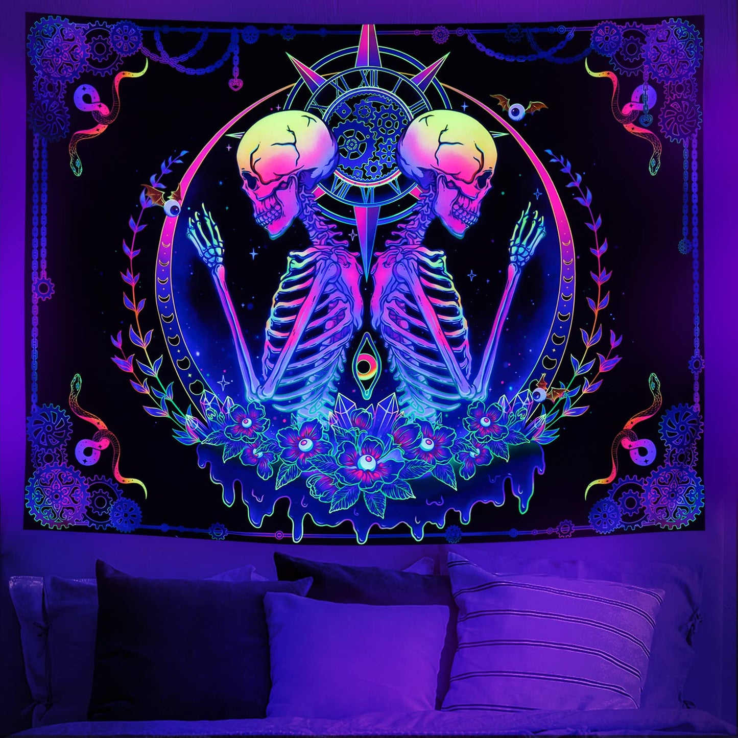 Blacklight Tapestry UV Reactive Skelton Wall Psychedelic Celestial Colorful Flower