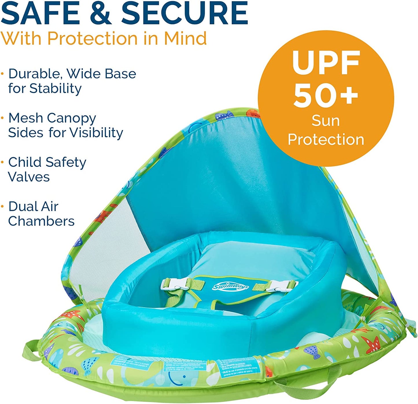 Baby Spring Float w. Adjustable Canopy & UPF Sun Protection, Green Octopus