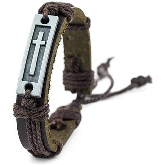 Cross Leather Bracelet for Men-Brown