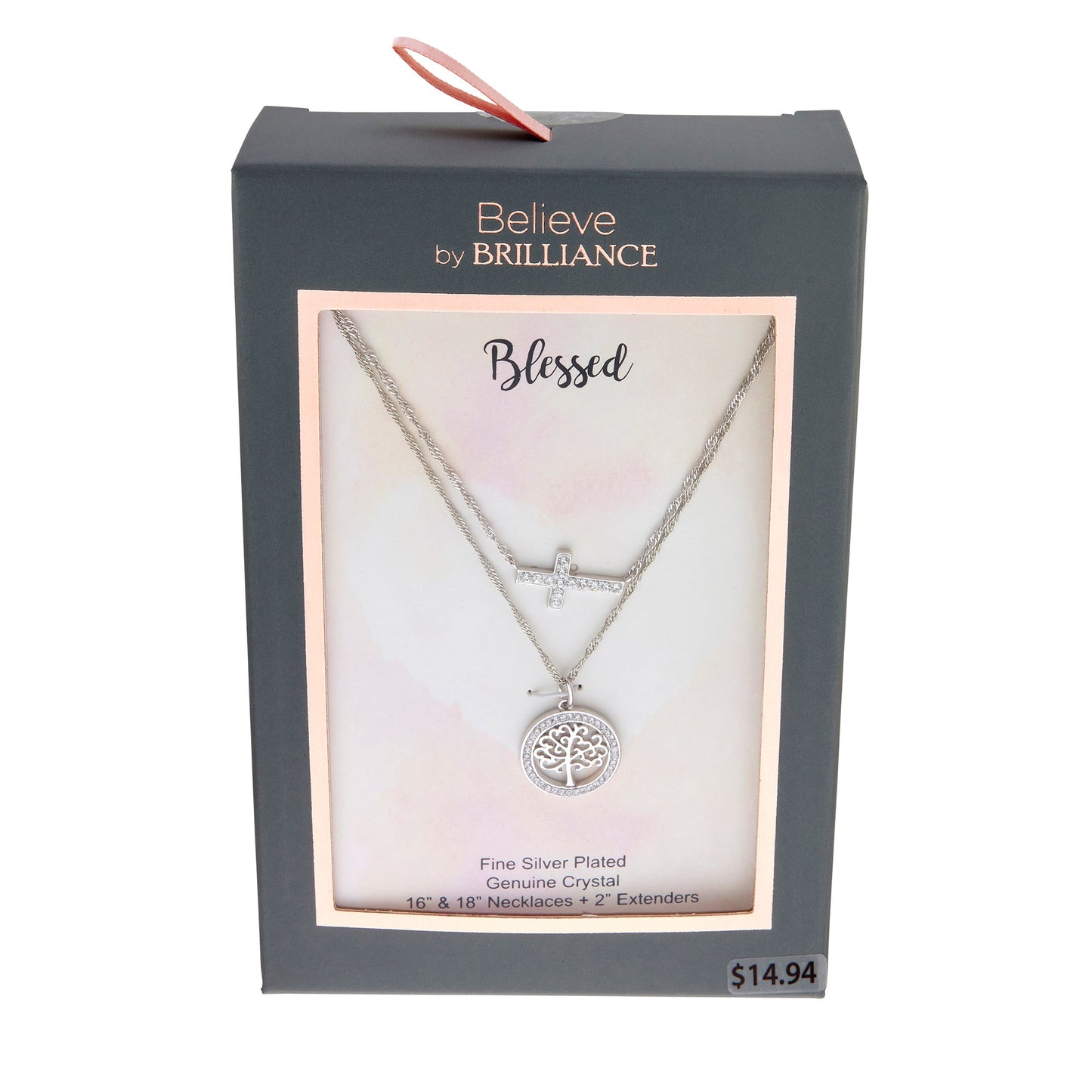 Fine Silver Plated Crystal Cross & Tree of Life Necklace Set