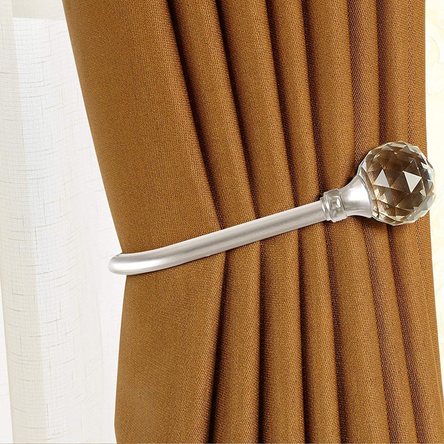 2pcs Wall Mounted Drapery Tiebacks with Clear Crystal Ball, Heavy Duty Metal Decorative Window Drapery Curtain Holder Curtain Hooks with Screws, Sliver