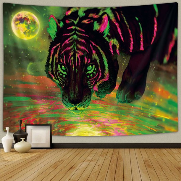 Blacklight Psychedelic Galaxy Starry Fantasy UV Reactive Trippy Space Tiger Tapestry 60x40 INCHES