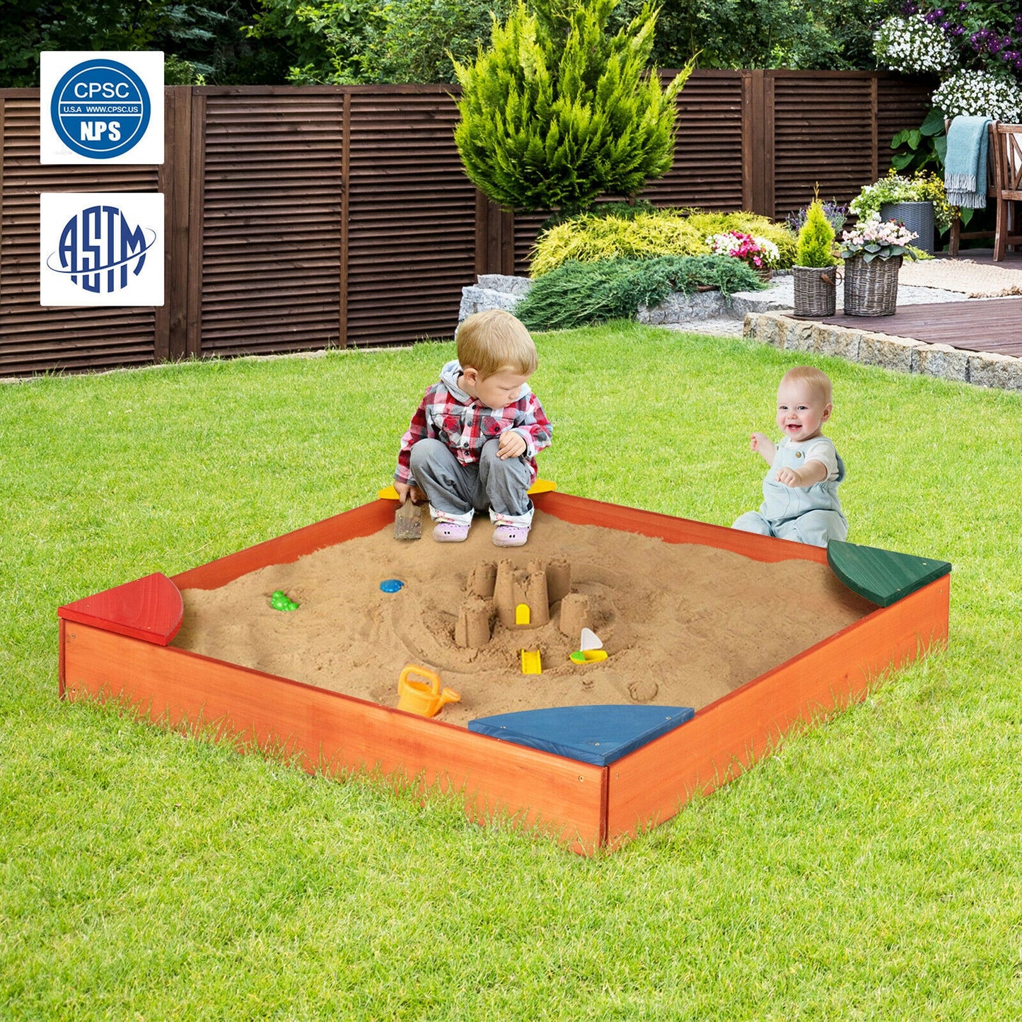 Kids Wooden Backyard Sandbox w/ Built-in Corner Seating