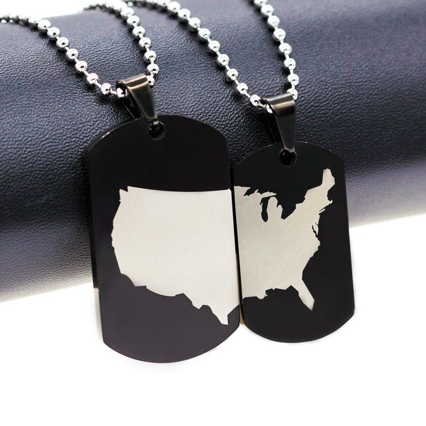 Cool American Map Double Side Pendant Necklace- Black Titanium His Queen Her King Couples Pairs Necklaces