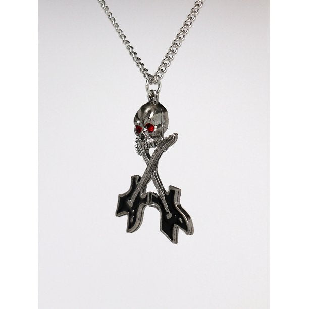 Musician's Skull with Crossed Guitars Black Enamel Pewter Necklace for Men/Women