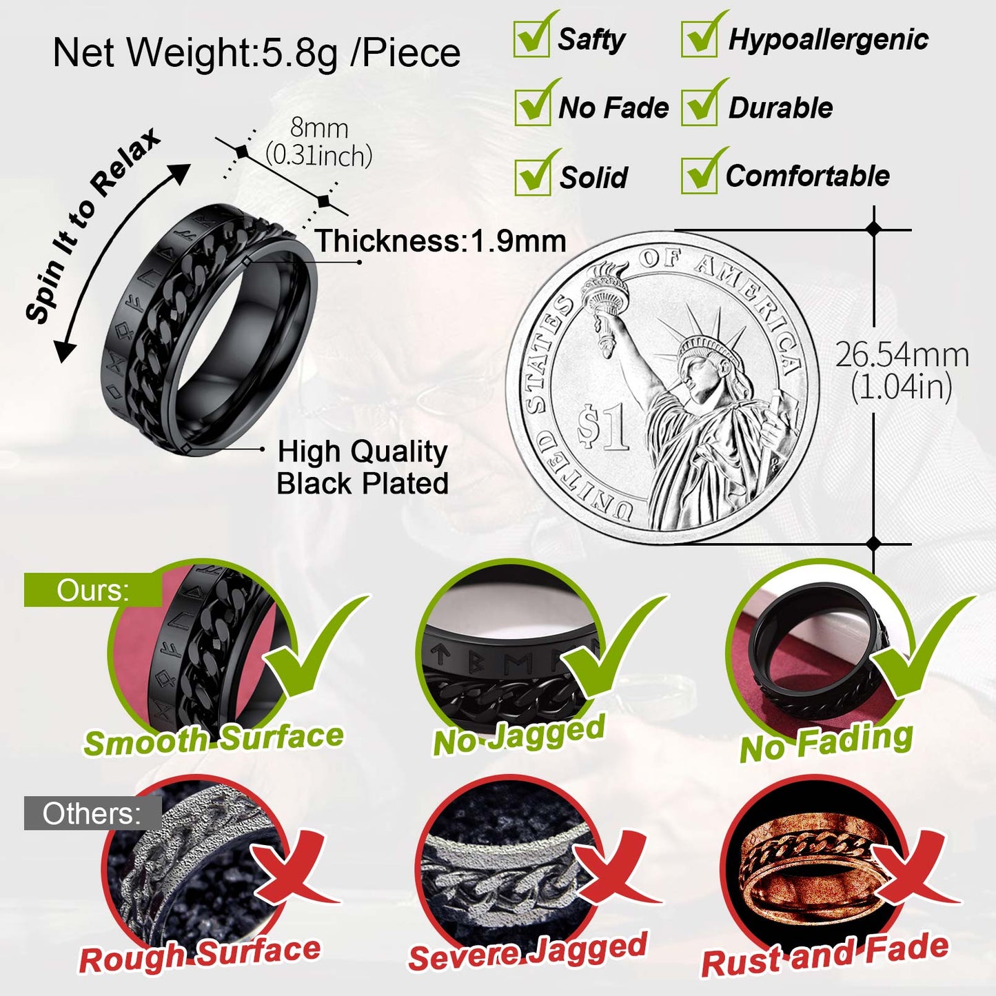 Nordic Viking Spinner Runes Ring Men