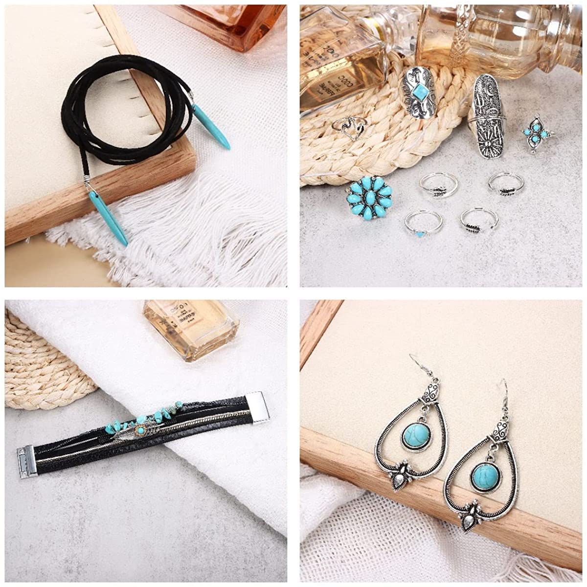 Bohemian Turquoise Pendant Suede Long Choker Necklace Vintage Dangle Earrings Boho Cuff Bracelet with Stackable Knuckle Rings Set