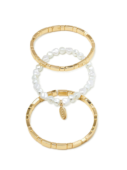 Scoop Women’s Faux Pearl &14K Gold Flash-Plated Stretch Bracelet, 3-Piece Set