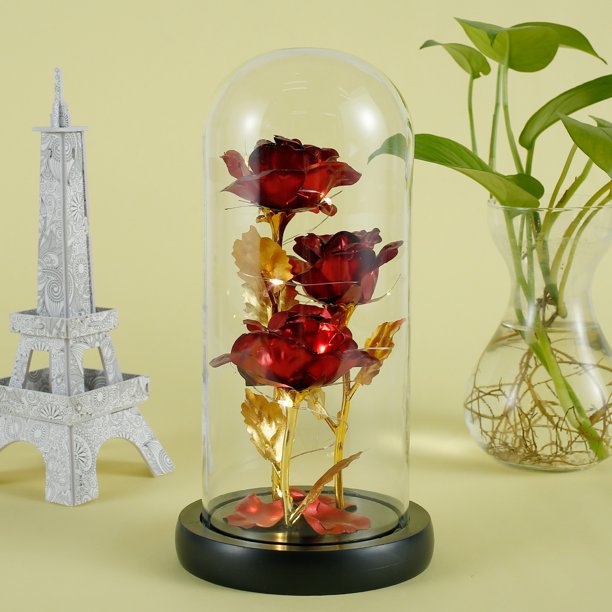 Rose Light Up Beauty & The Beast Rose Enchanted Rose in Glass Dome for Her, Red