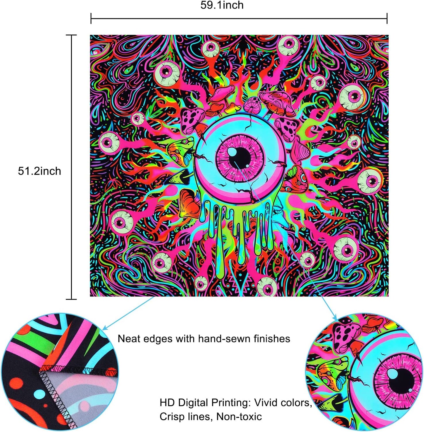 Mushroom UV Eyes Colorful Neon Tapestries Glow in The Dark51.2 x 59.1 inches