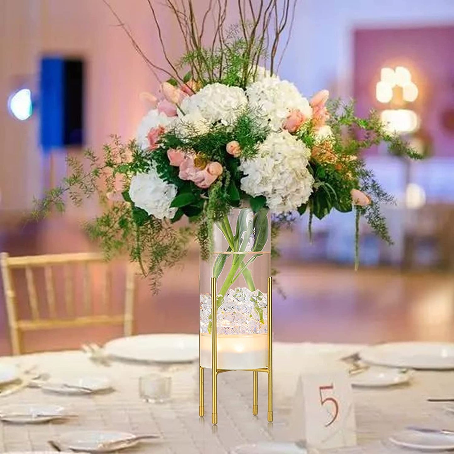 2 Packs Glass Flower Vase w/ Gold Stand, Timer & LED Lights