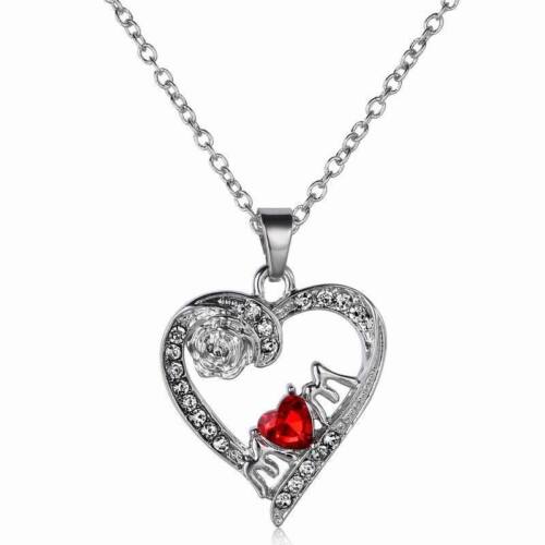 Valentine's Day Gift For Mom Women Red Rose Crystal Heart Necklace Pendant