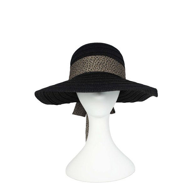 Women's Asymmetrical Straw Sun Hat with Printed Ribbon Scarf- Black