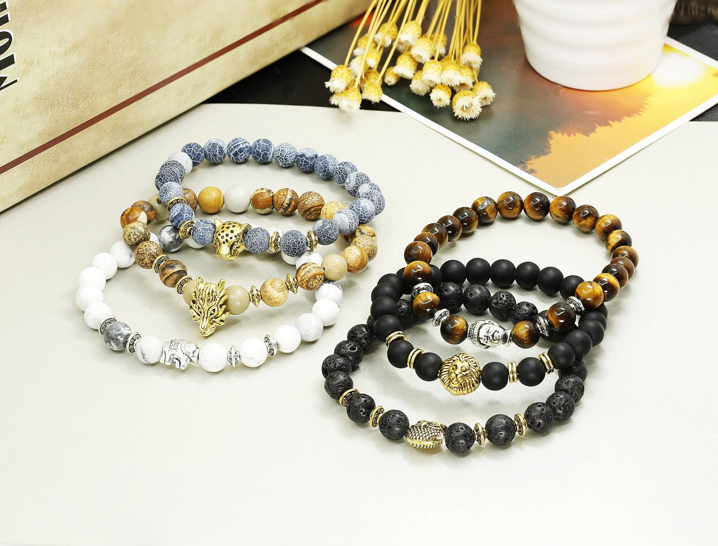 6PCS Mens 8mm Bead Bracelets Set Natural Stone