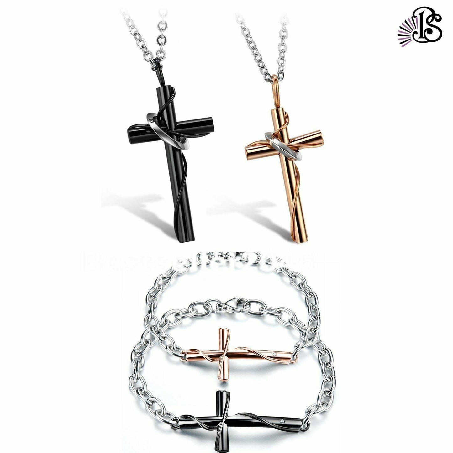 Men Women Couple Stainless Steel Faith Cross Chain Bracelet Necklace Jewelry Set