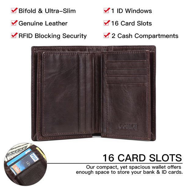 Wallets for Men Large Capacity Genuine Leather RFID Minimalist Bifold Wallet Card Holder, Coffee