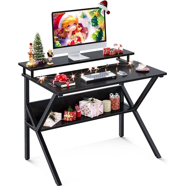 Small Computer Desk, 27.5 inch Home Office Study Writing Table with Monitor Storage Shelf, Modern Simple Style, Black