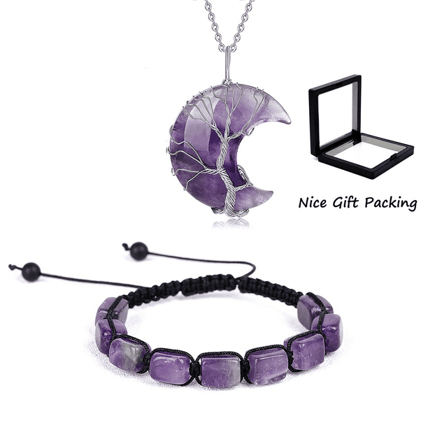 Tree Life Wire Wrapped Crescent Moon Stone Necklace 7 Chakra Healing Bracelet Set, Amethyst