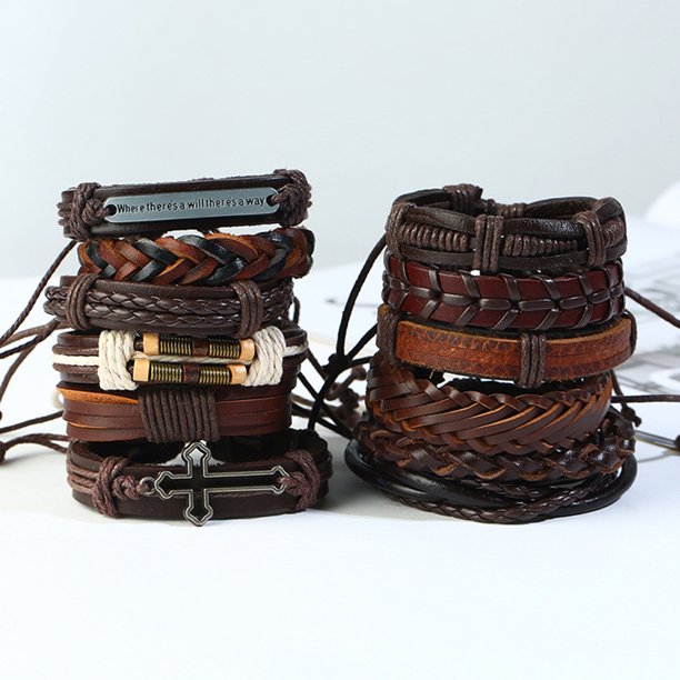 Pack Of 12/Set Vintage Men Leather Multi-Layer Braided Bracelets