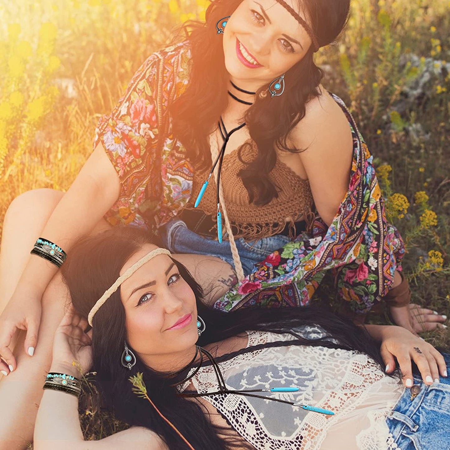 Bohemian Turquoise Pendant Suede Long Choker Necklace Vintage  Dangle Earrings Boho Cuff Bracelet with Stackable Knuckle Rings Set