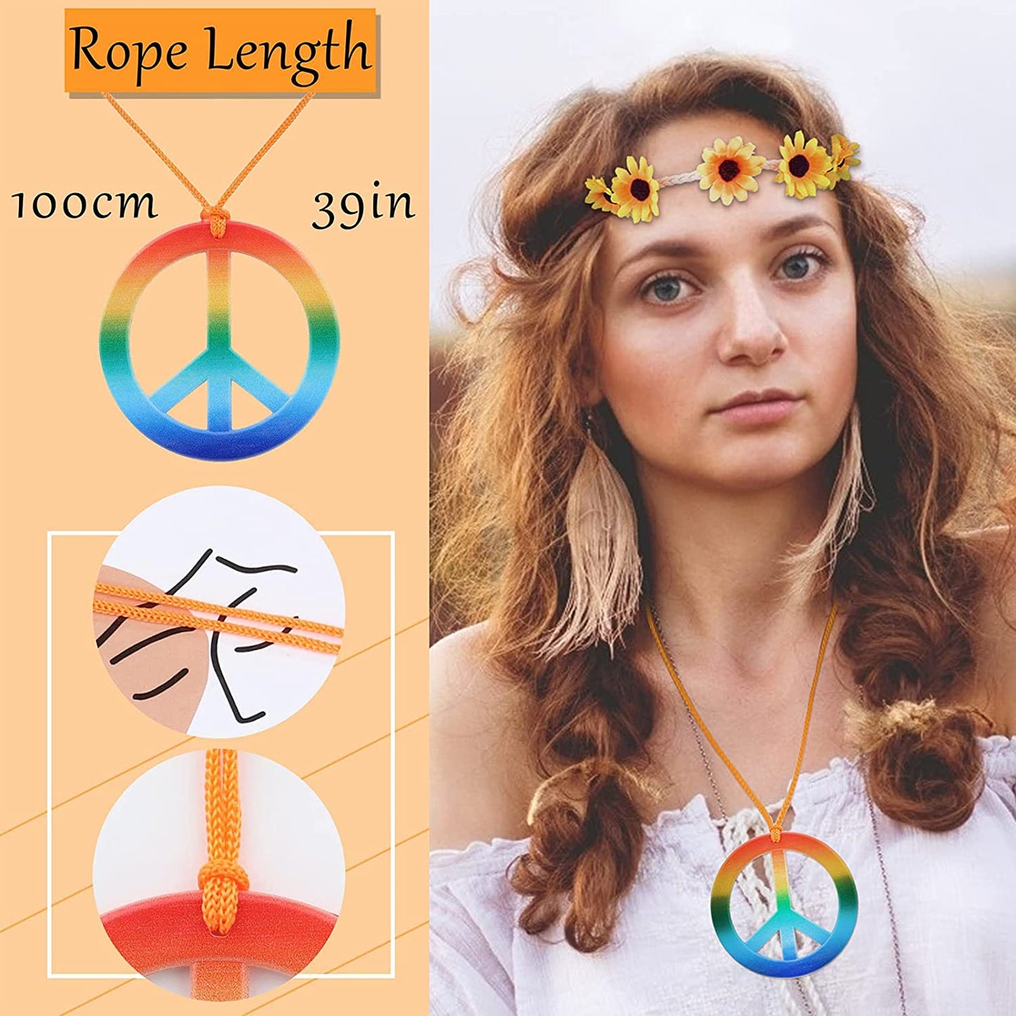 Hippie Costume Set, Peace Sign Necklace, Peace Sign Earrings, Flower Crown Headband Jewelry Accessories