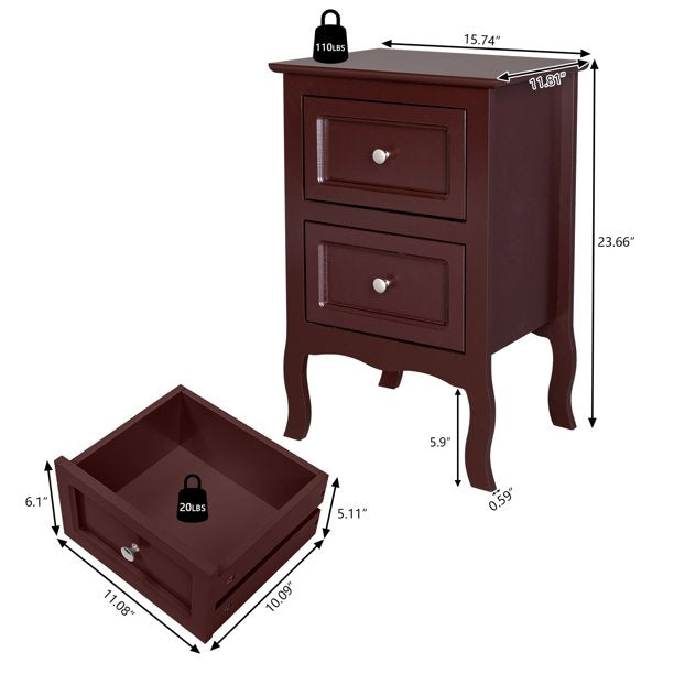 Set of 2 Nightstand Bedroom Bedside Table w/ Drawers Storage, Country Style Night End Table w/ Handle Brown