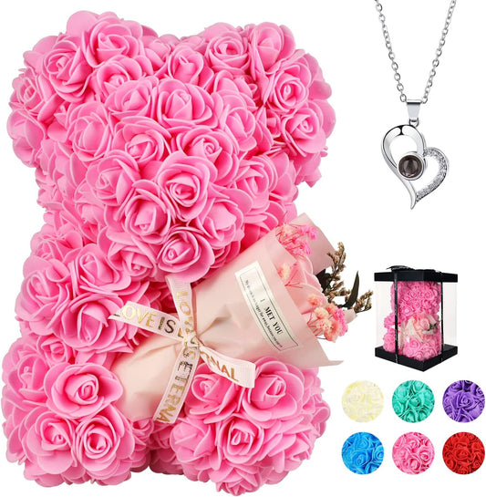 Valentines Day Gifts for Her, Rose Bear w/ I Love You Necklace 100 Languages (Pink)