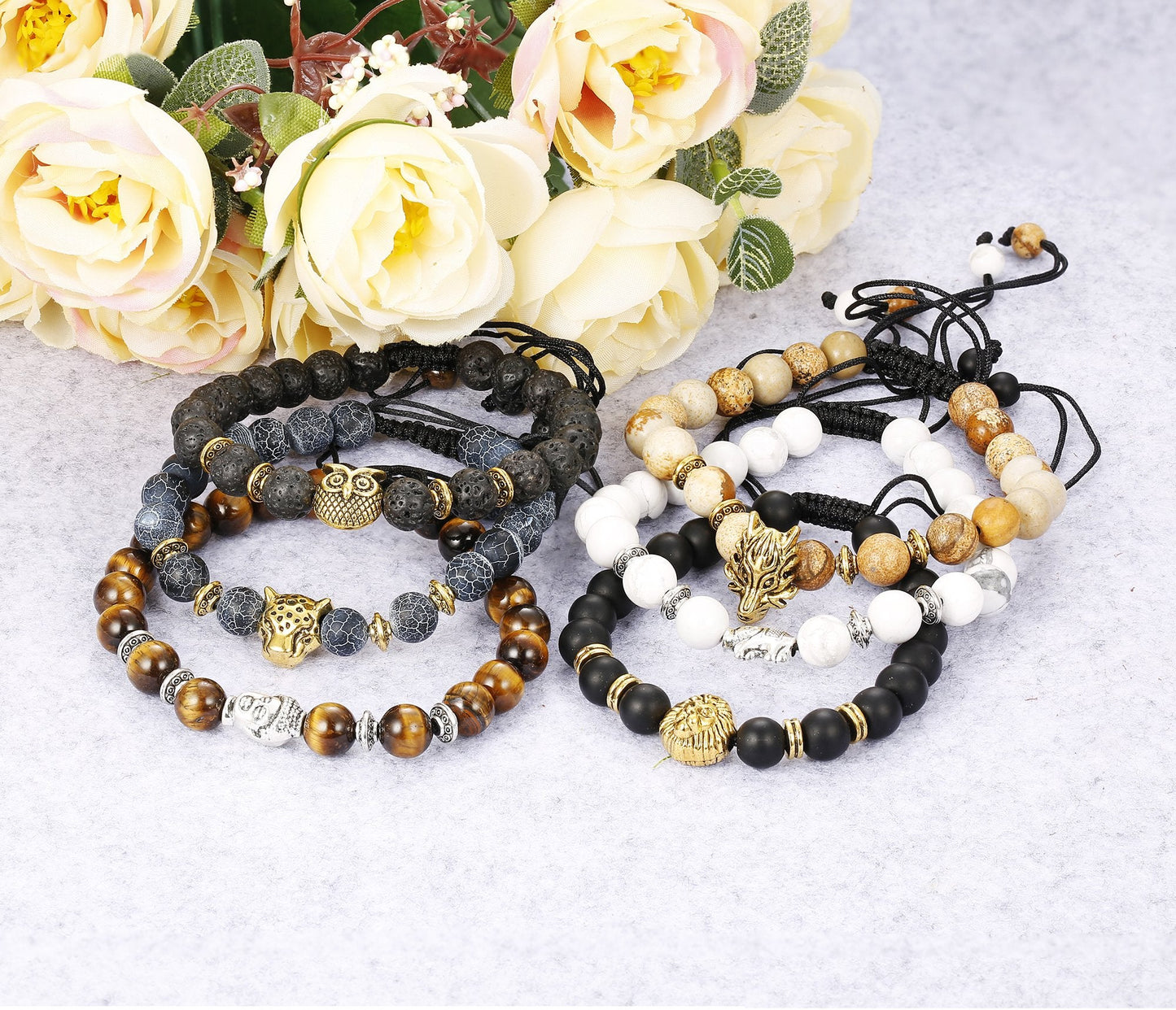 6PCS Mens 8mm Bead Bracelets Set Natural Stone