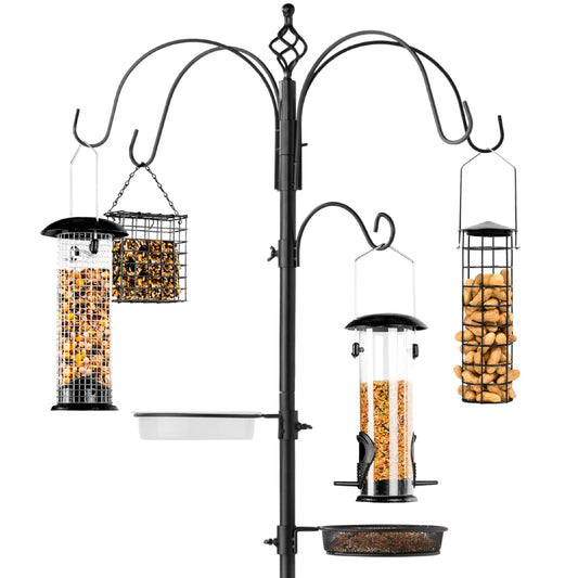 6-Hook Bird Feeding Station, Steel Multi-Feeder Stand w/ 4 Feeders, Tray, Bird Bath