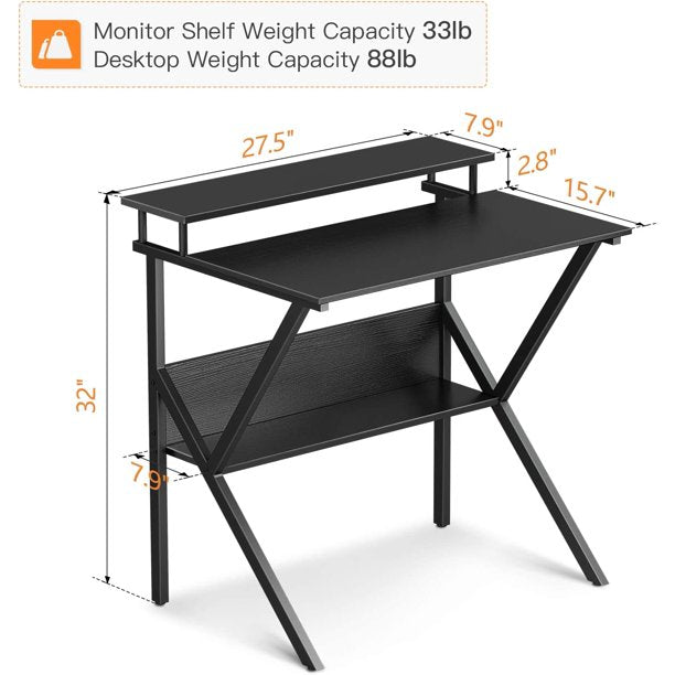 Small Computer Desk, 27.5 inch Home Office Study Writing Table with Monitor Storage Shelf, Modern Simple Style, Black