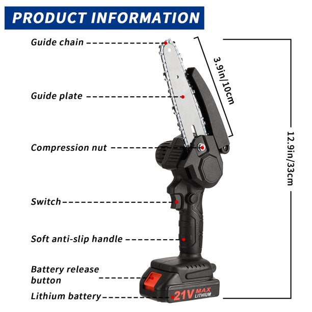 Mini Chainsaw Kit, 4-Inch+6-Inch Adjustable Cordless Handheld Chain Saw with 2 Rechargeable 21V 2000mAh Battery, 4 Chains, Tool Box Set, Hand Held Power Chain Saws