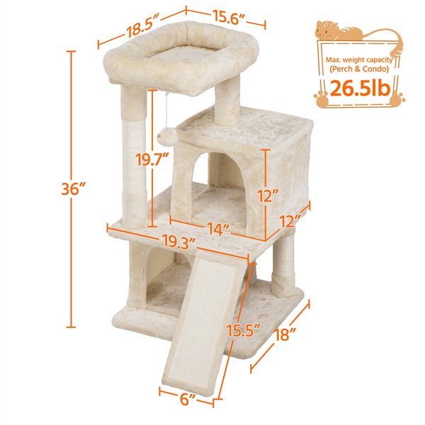 36'' H Cat Tree Tower Cat House with Double Condos Scratching Posts Sisal Rope Furry Ball for Cats and Kittens, Beige