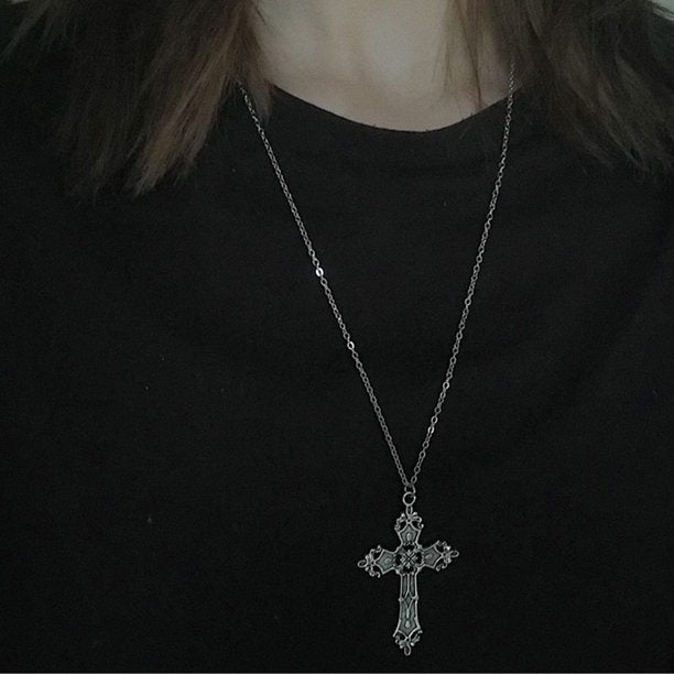 Cross Pendant Necklace Long Chain Punk Goth Trendy Jewelry Accessories Choker