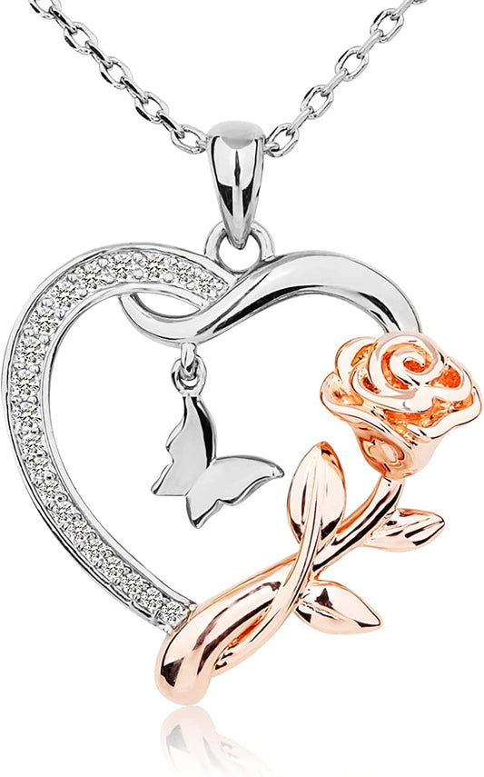 Heart Shaped Butterfly Rose Pendant Necklace 925 Sterling Silver, 14k Gold Plated