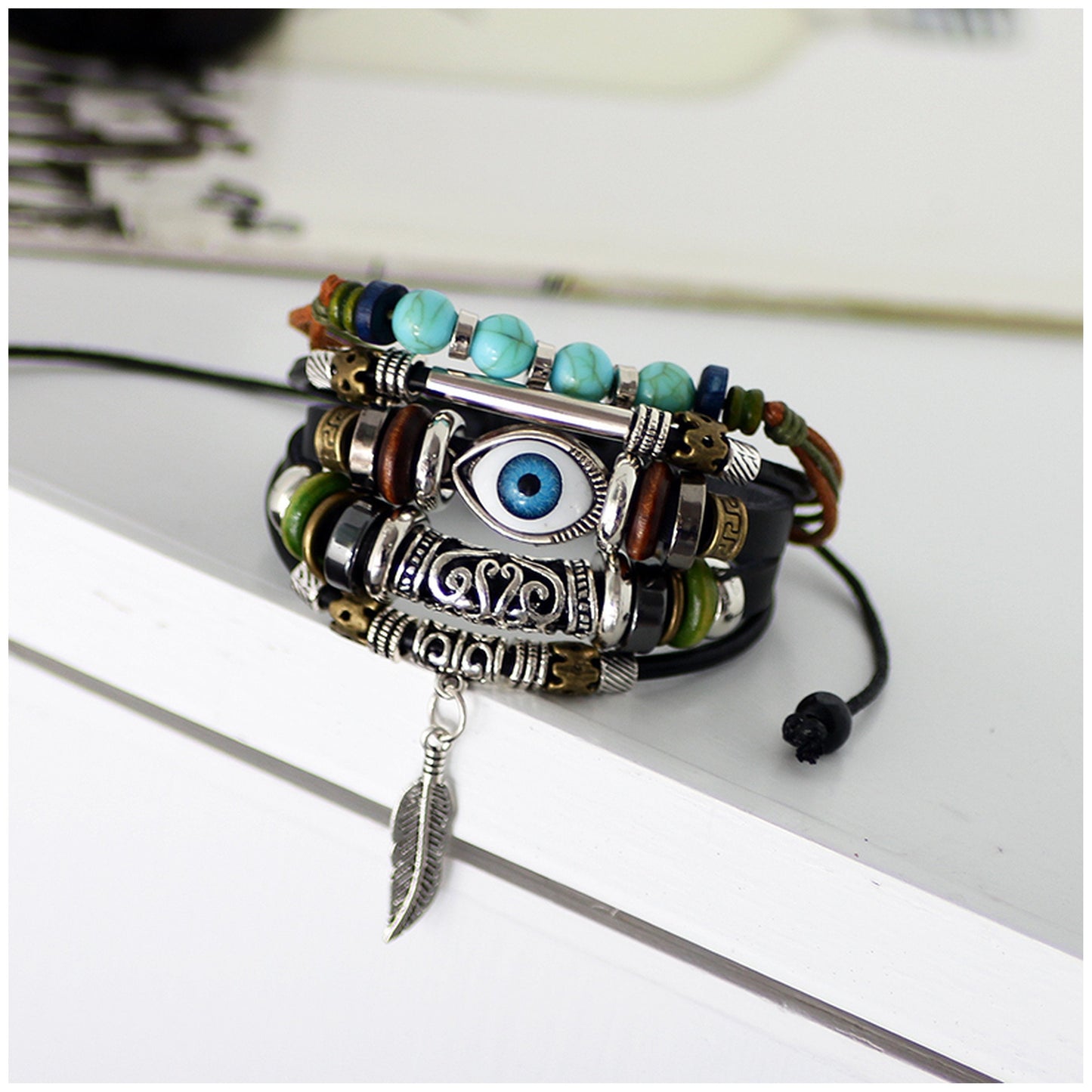 Tribal Evil Eye Protection Synthetic Leather Wristband Bracelet