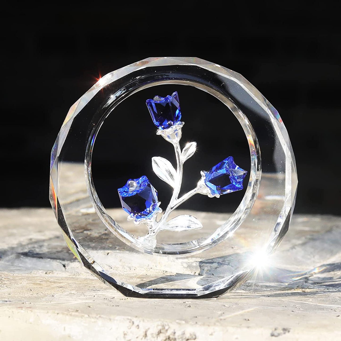 Crystal Tulips Flower Figurines with a Outer Circular Ring for Home Decoration, Cobalt Blue