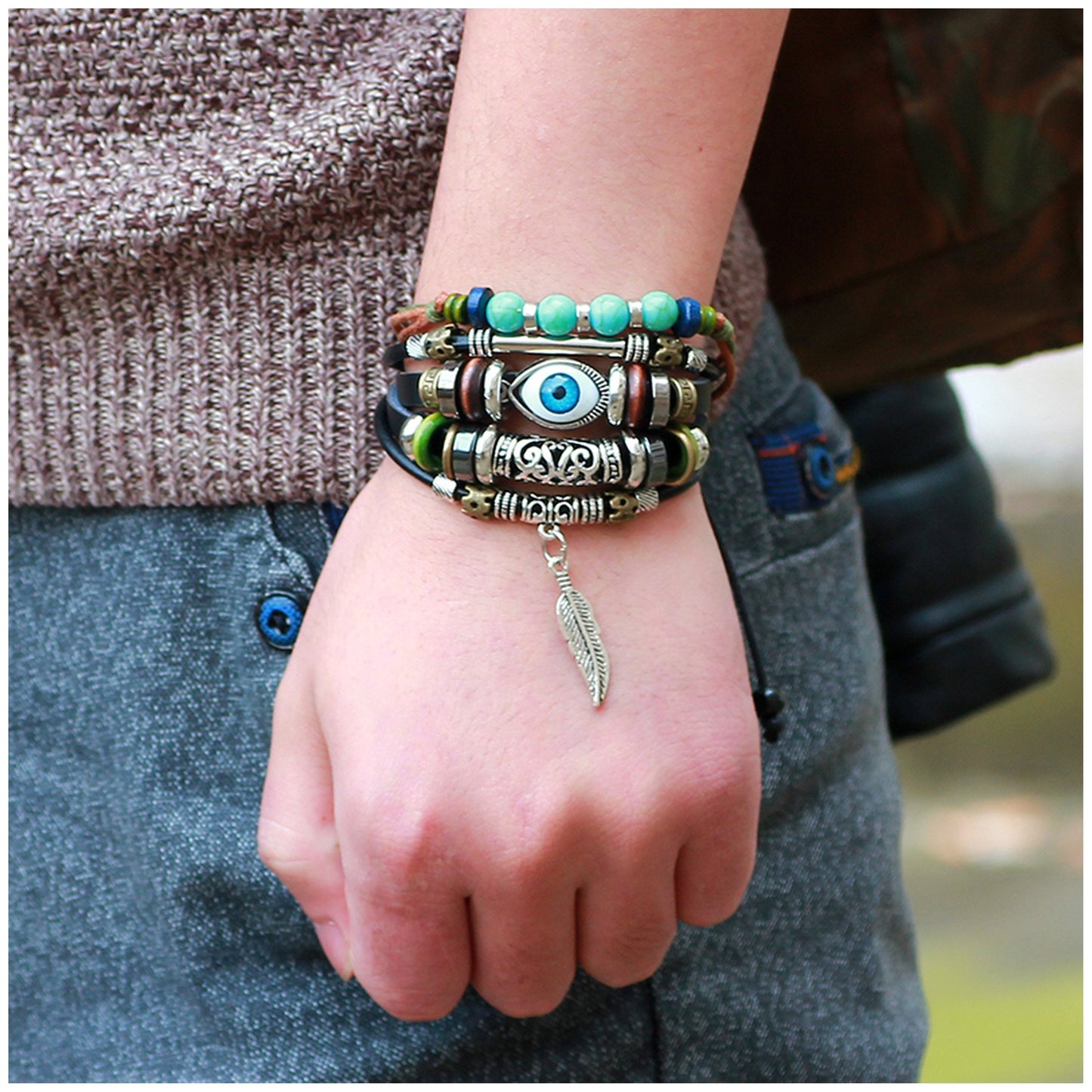 Tribal Evil Eye Protection Synthetic Leather Wristband Bracelet