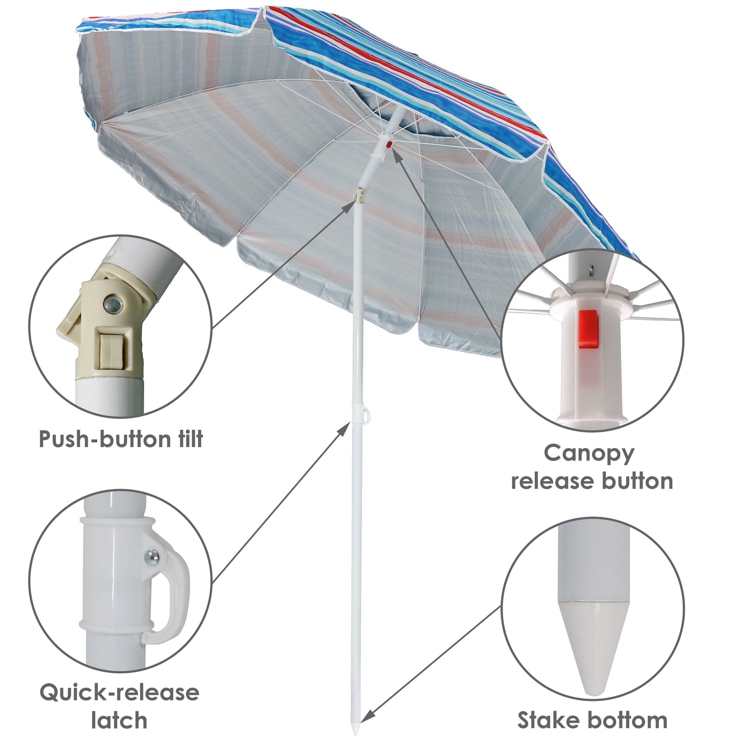 6-Foot Vented Beach Umbrella with Tilt Function and UV 50 Sun Protection, Pacific Stripe