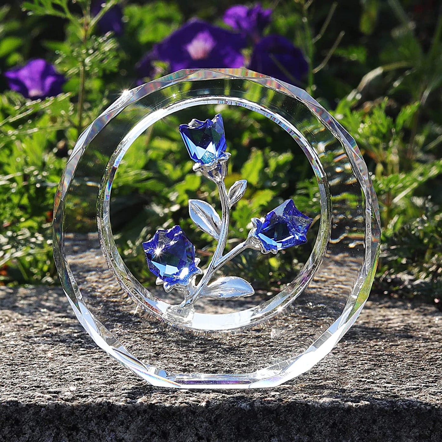 Crystal Tulips Flower Figurines with a Outer Circular Ring for Home Decoration, Cobalt Blue