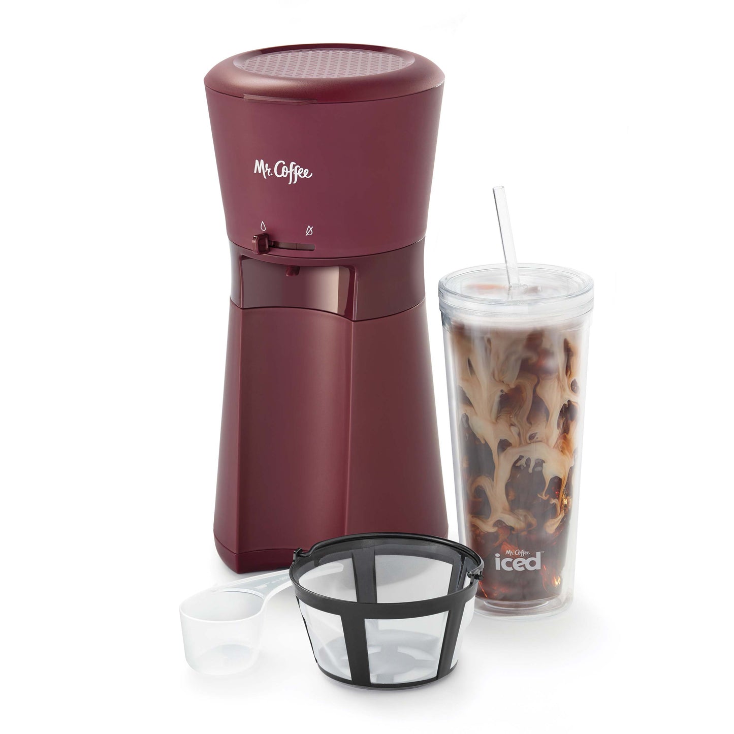 Iced Coffee Maker with Reusable Tumbler & Coffee Filter, Burgundy