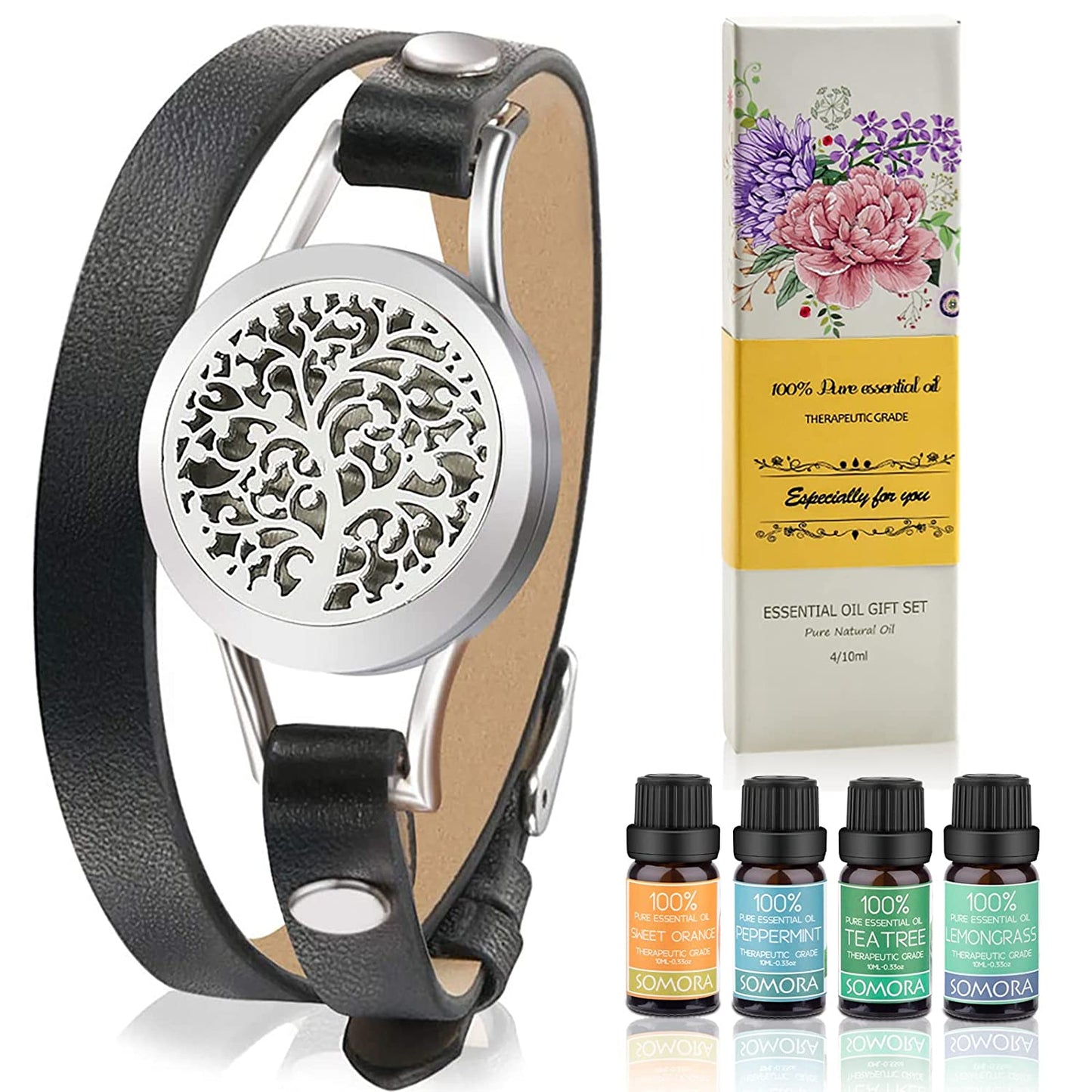 Aromatherapy Essential Oil Diffuser Black Bracelet Gift Set w/ Oils