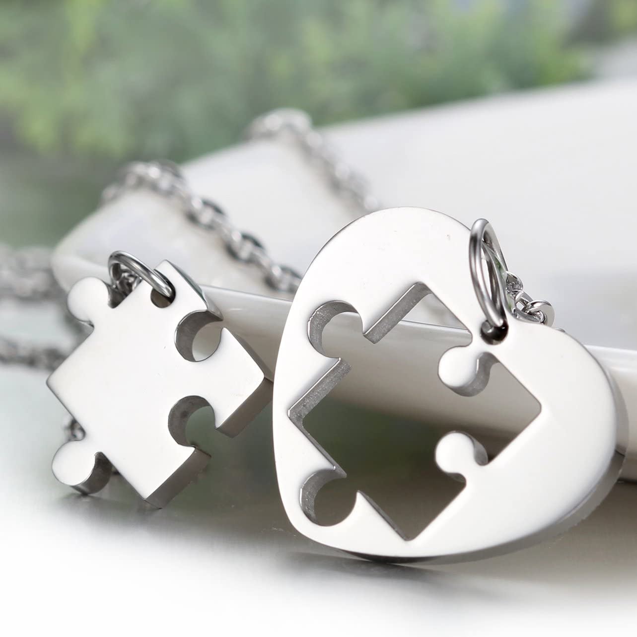 2 Pcs  Love Heart Puzzle Matching Pendant Necklaces for Couples-Silver